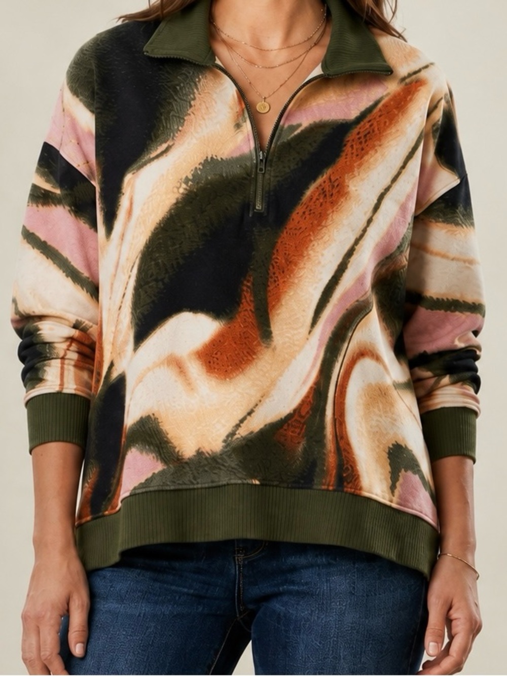 NWT Westbound Fall Abstract Marble Print Cotton Quarter Zip Size Medium